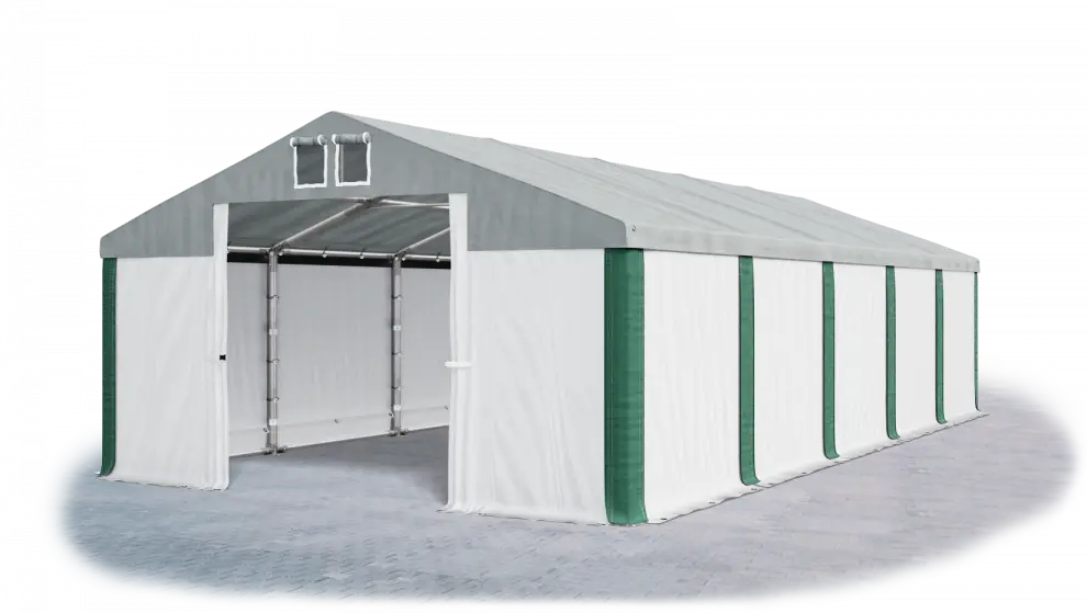 Skladový stan 5x10x2,5m střecha PVC 560g/m2 boky PVC 500g/m2 konstrukce ZIMA PLUS Šedá Bílá Zelená