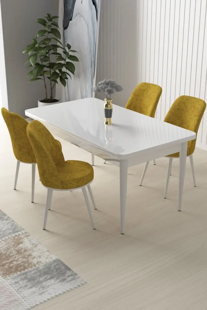 Dining Table & Chairs Set (5 Pieces) Nil - White, Mustard