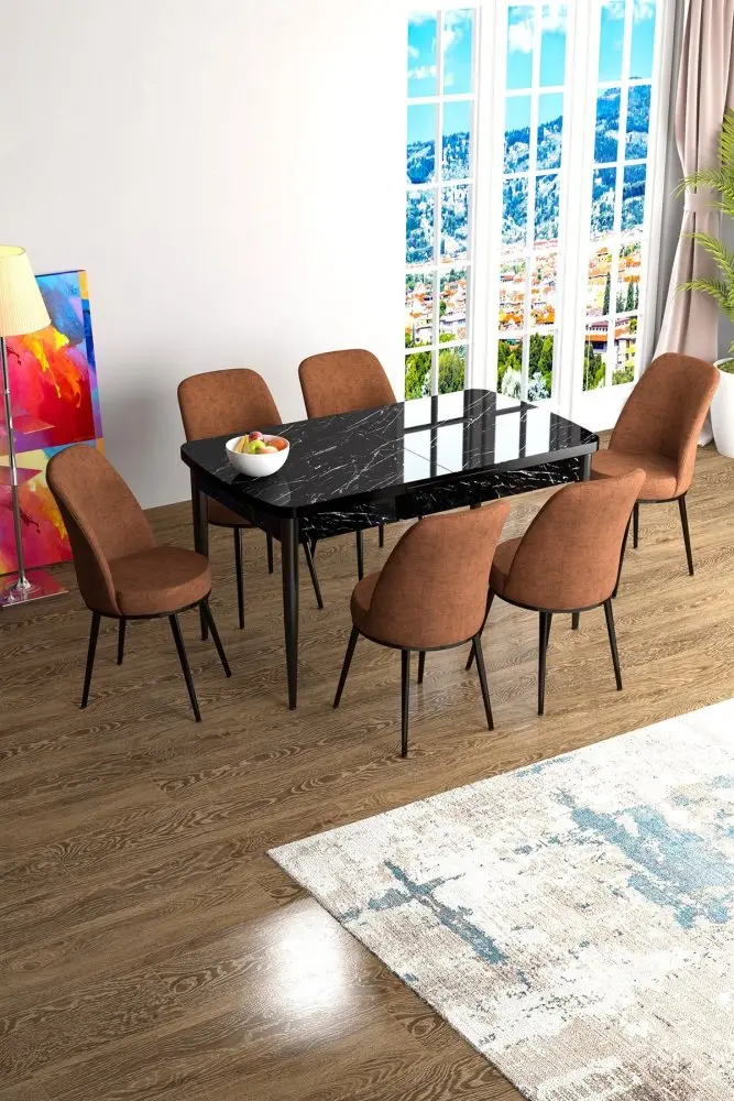 Extendable Dining Table & Chairs Set (7 Pieces) Han - Black Marble, Tile Red