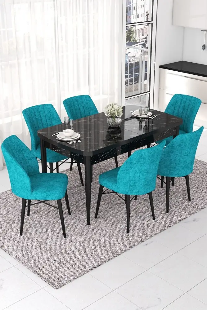 Extendable Dining Table & Chairs Set (7 Pieces) Nef - Black Marble, Turquoise