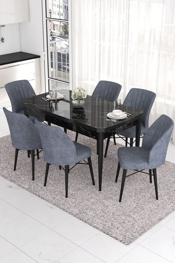 Extendable Dining Table & Chairs Set (7 Pieces) Eva - Black Marble, Fume
