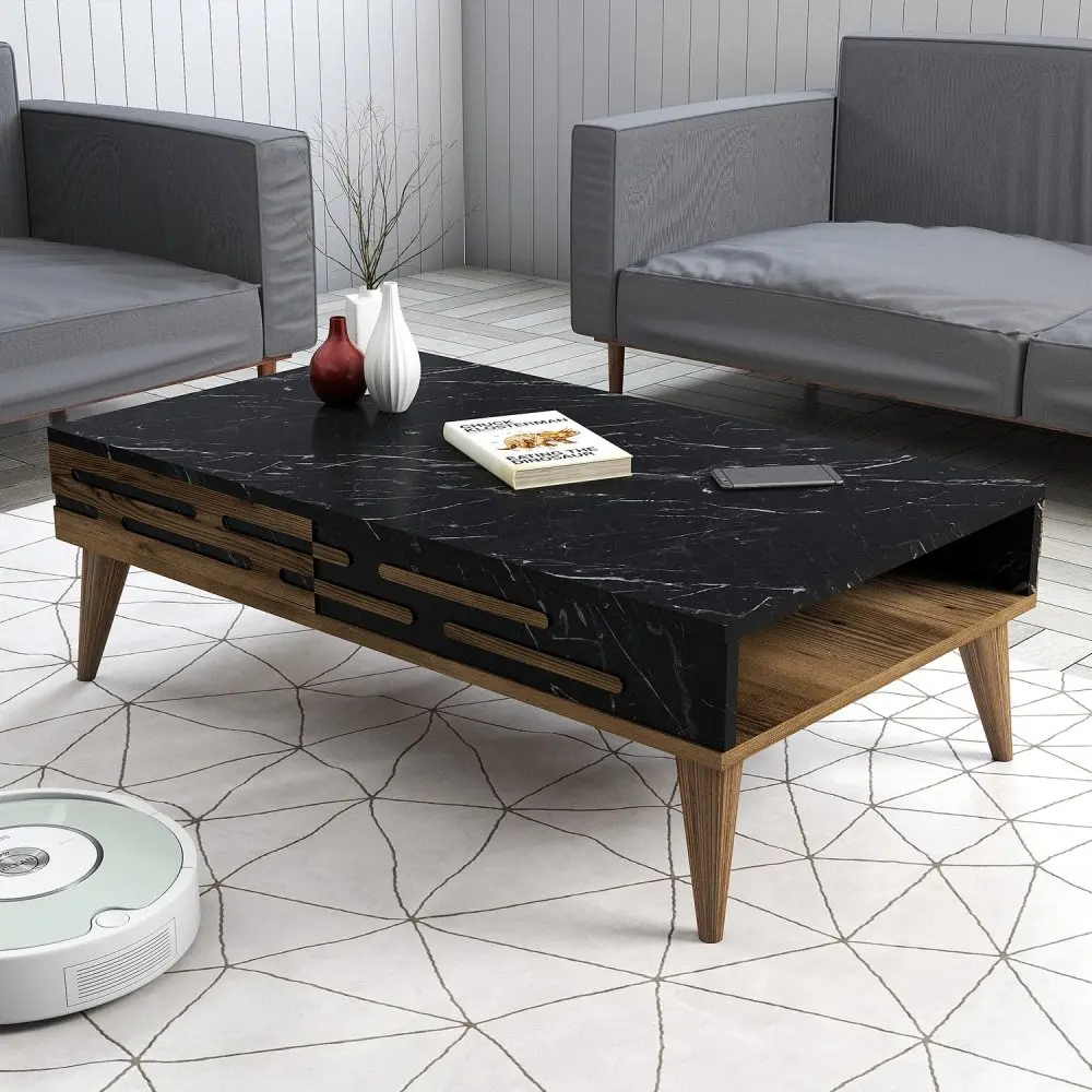 Konferenční stolek Valensiya - Walnut, Black, Marble