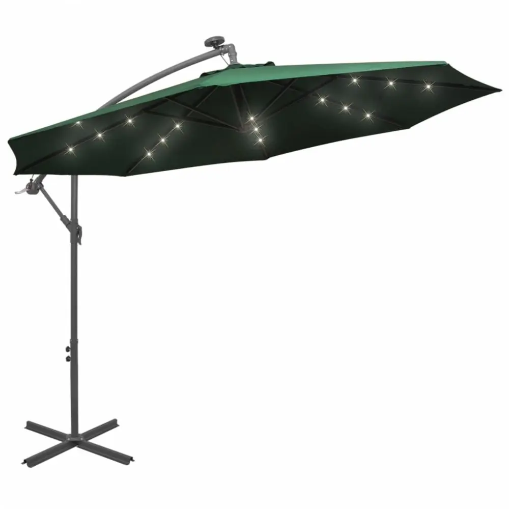 vidaXL Závěsný slunečník s kovovou tyčí a LED světlem, zelený, 300 cm - 11461.42969