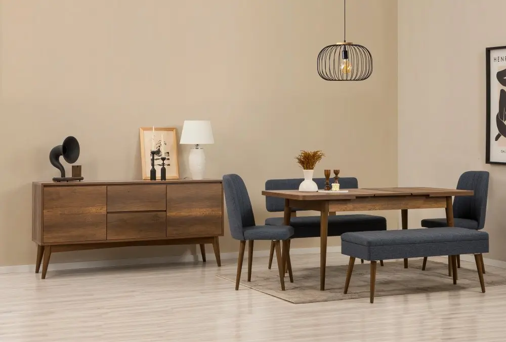 Set s rozkládacím stolem, židlemi a konzolou (6 kusů) Vina Bench 04 1048 - Walnut, Dark Blue