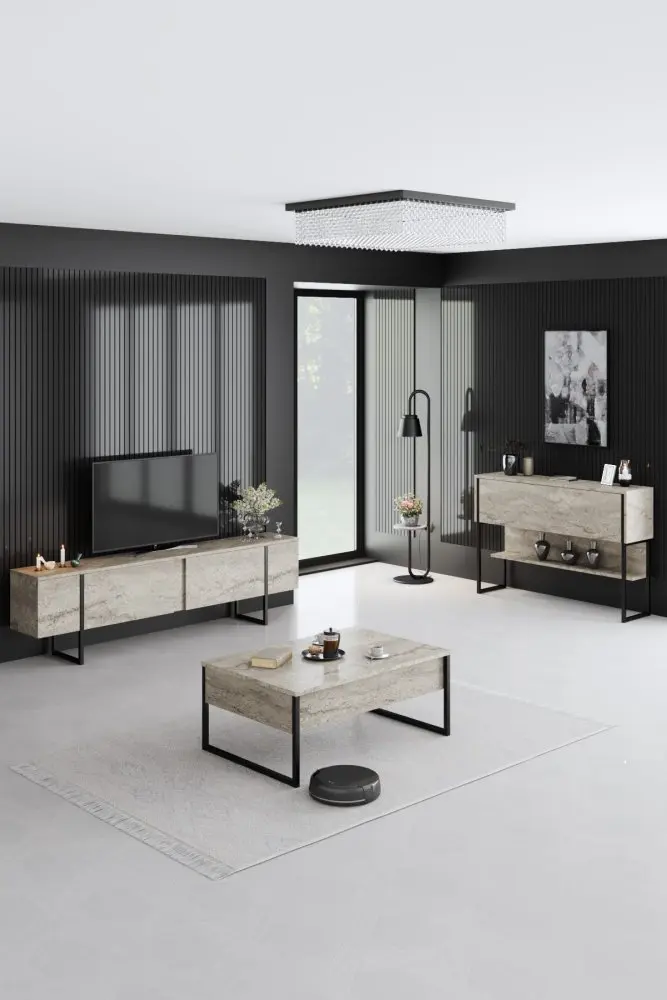 Living Room Furniture Set Luxe Set - Travertine, Black