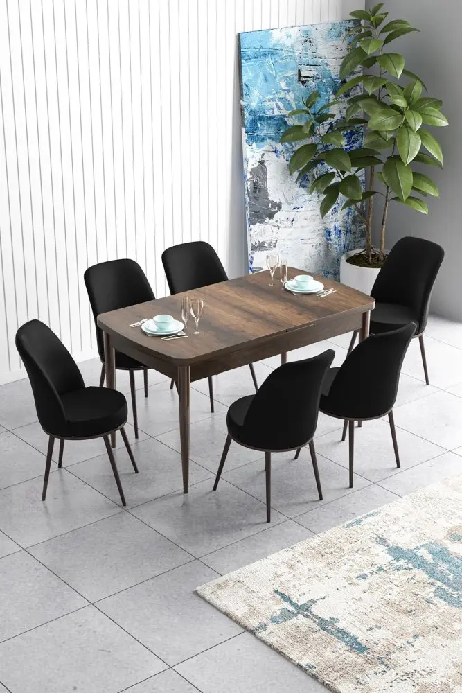 Extendable Dining Table & Chairs Set (7 Pieces) Han - Baroque, Black