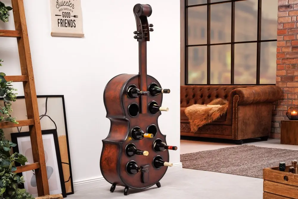 Estila Designová masivní vinotéka Barley ve tvaru violoncella v hnědé barvě s černými detaily s patinovaným efektem 135 cm