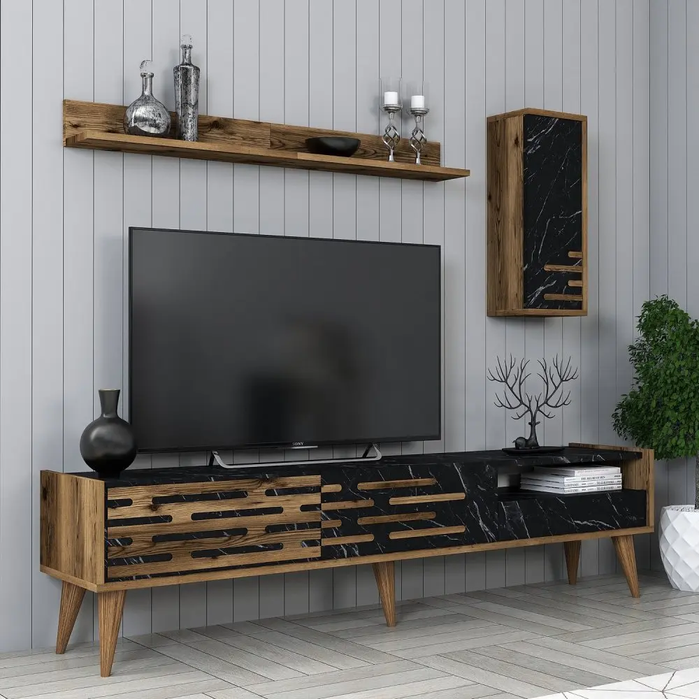 TV stěna / Sestava pod TV Valensiya - Walnut, Black, Marble