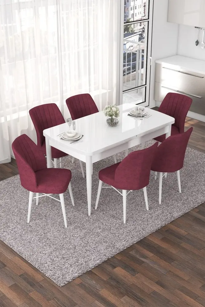 Extendable Dining Table & Chairs Set (7 Pieces) Nef - White, Burgundy