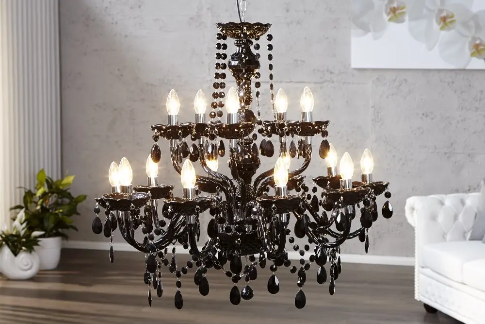 Estila Designový zámecký lustr Karat v černé lesklé barvě s patnácti rameny s dekorativními krystaly 80 cm