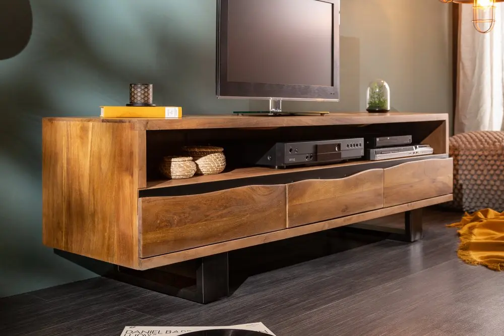 Estila Designový TV stolek s třemi zásuvkami z masivu Mammut hnědý 160cm