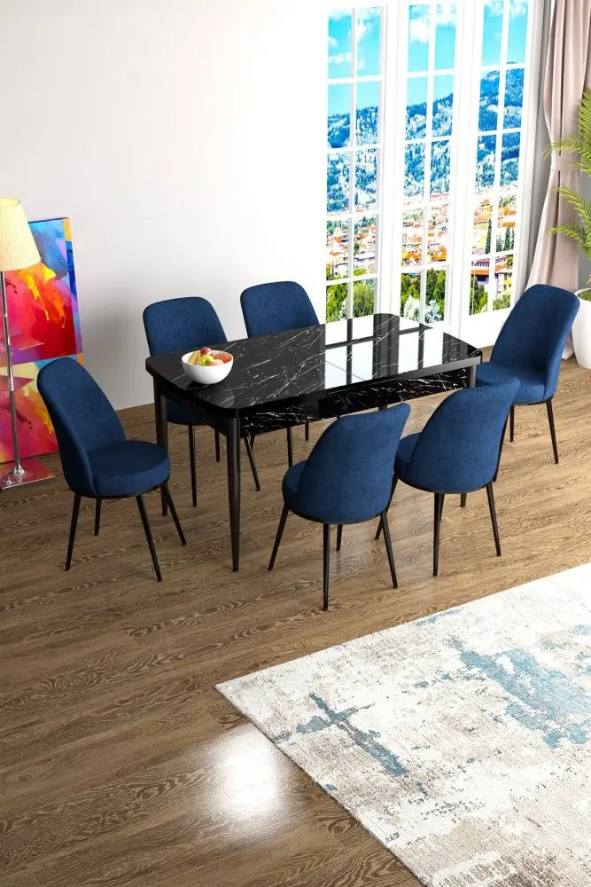 Extendable Dining Table & Chairs Set (7 Pieces) Han - Black Marble, Navy Blue