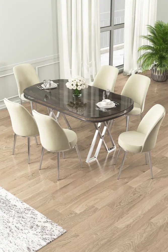 Dining Table & Chairs Set (7 Pieces) Lai - Anthracite, Chrome, Cream