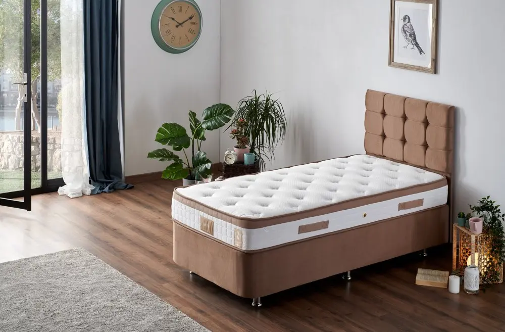 Single Mattress, Base & Headboard Latte - Light Brown (120 x 200)