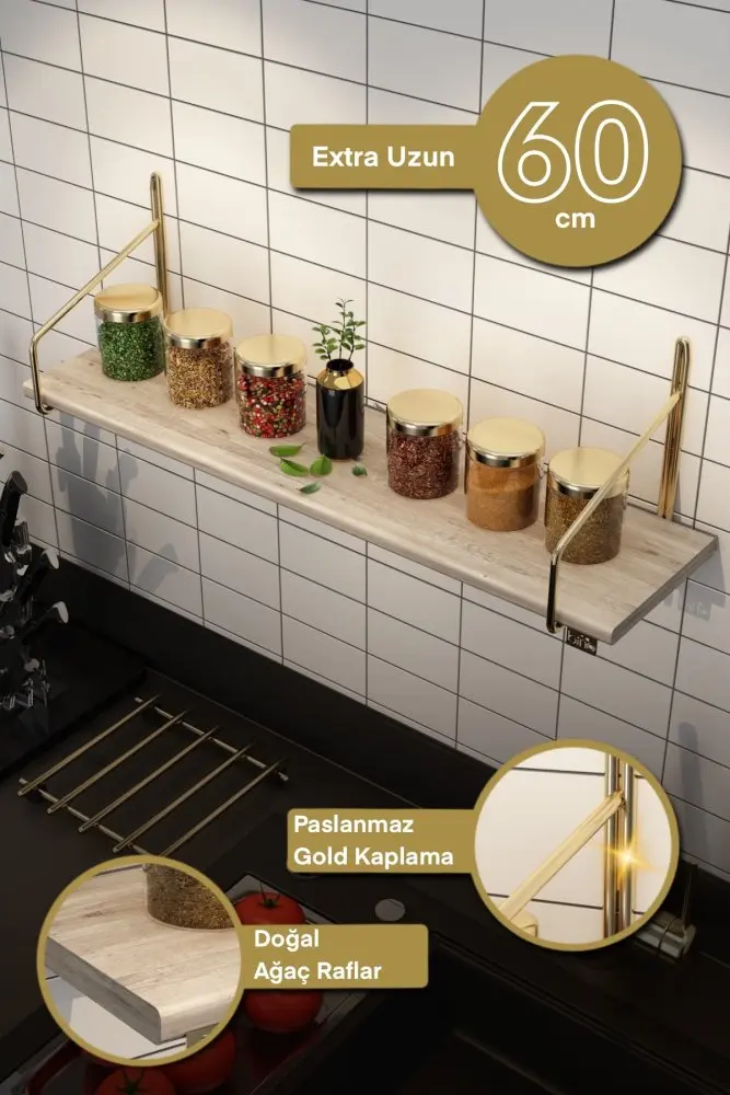 Kalune Design Kuchyňská police DUVAR 60 cm zlatá