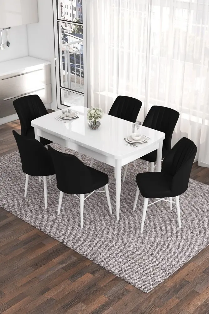 Extendable Dining Table & Chairs Set (7 Pieces) Eva - White, Black