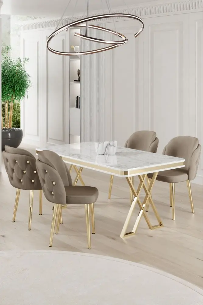 Dining Table & Chairs Set (5 Pieces) Rigel - White, Gold, Cappuccino