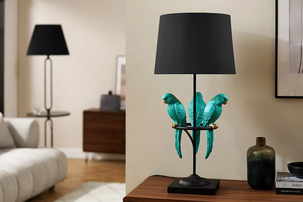 Estila Designová stolní lampa Macaw v černé barvě se třemi tyrkysovými figurami papoušků 75 cm