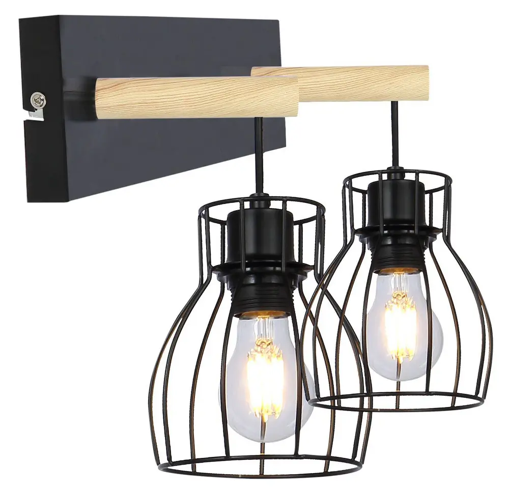 Nástěnná lampa s dvojitým stínidlem, koš, černá/dřevěná, E27 Bernita