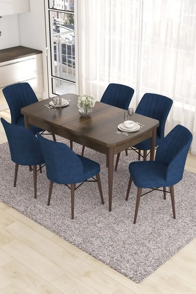 Extendable Dining Table & Chairs Set (7 Pieces) Eva - Baroque, Navy Blue