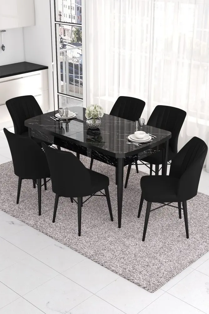 Extendable Dining Table & Chairs Set (7 Pieces) Eva - Black Marble, Black