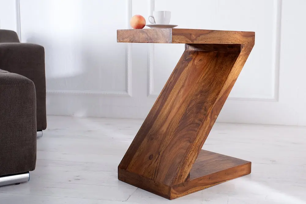 Estila Designový masivní etno atypický příruční stolek Zet ve tvaru písmene Z v hnědé barvě 45 cm