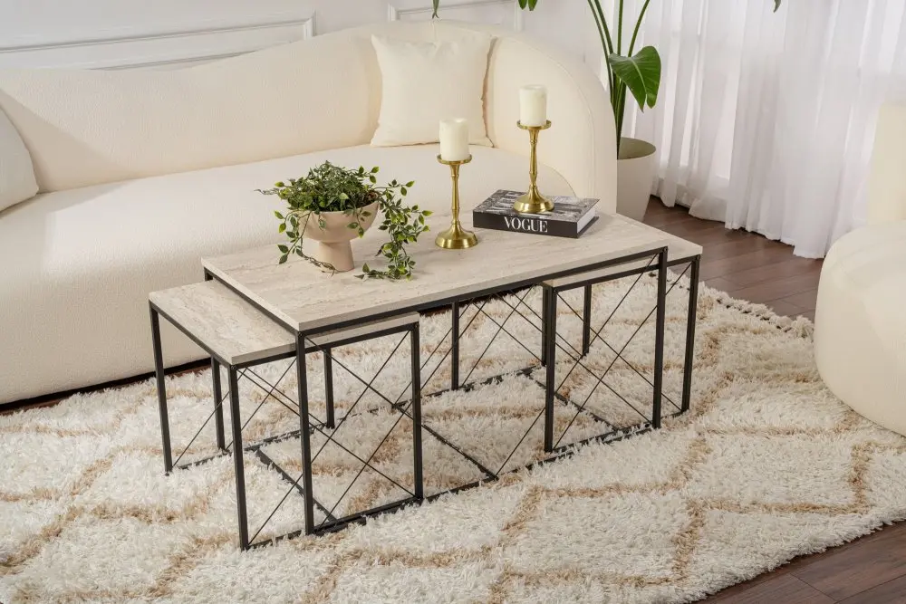 Sada konferenčních stolků Defne - Black, Travertine