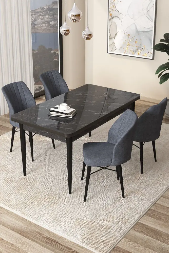 Dining Table & Chairs Set (5 Pieces) Arp - Black Marble, Fume