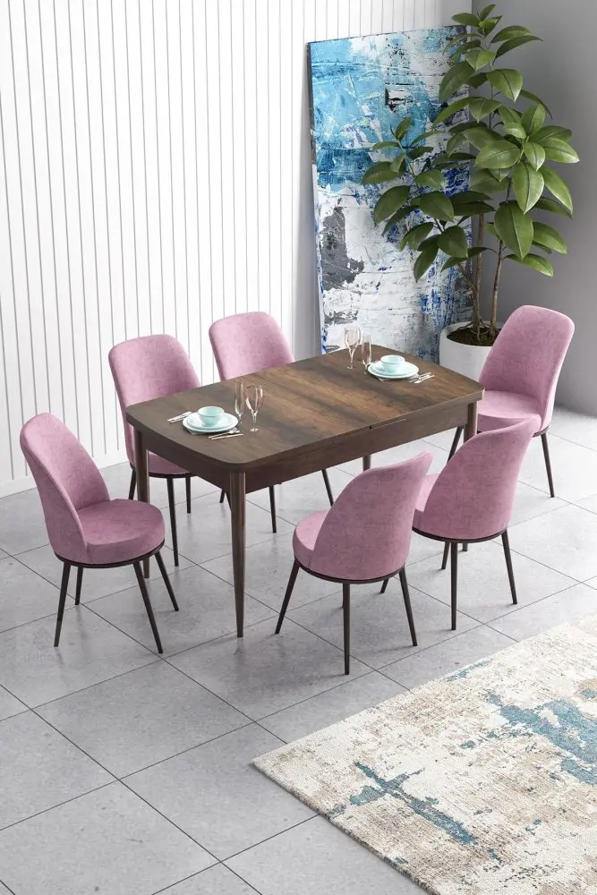 Extendable Dining Table & Chairs Set (7 Pieces) Han - Baroque, Pink