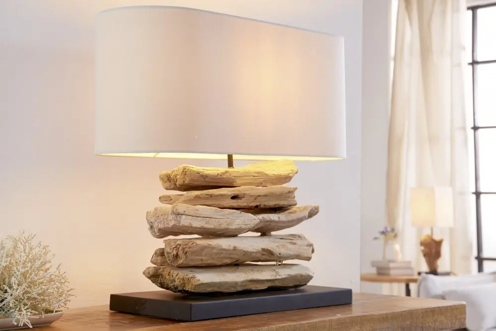Estila Stylová etno stolní lampa Duna s masivní hnědou dřevěnou základnou a béžovým oválným lněným stínítkem 55 cm