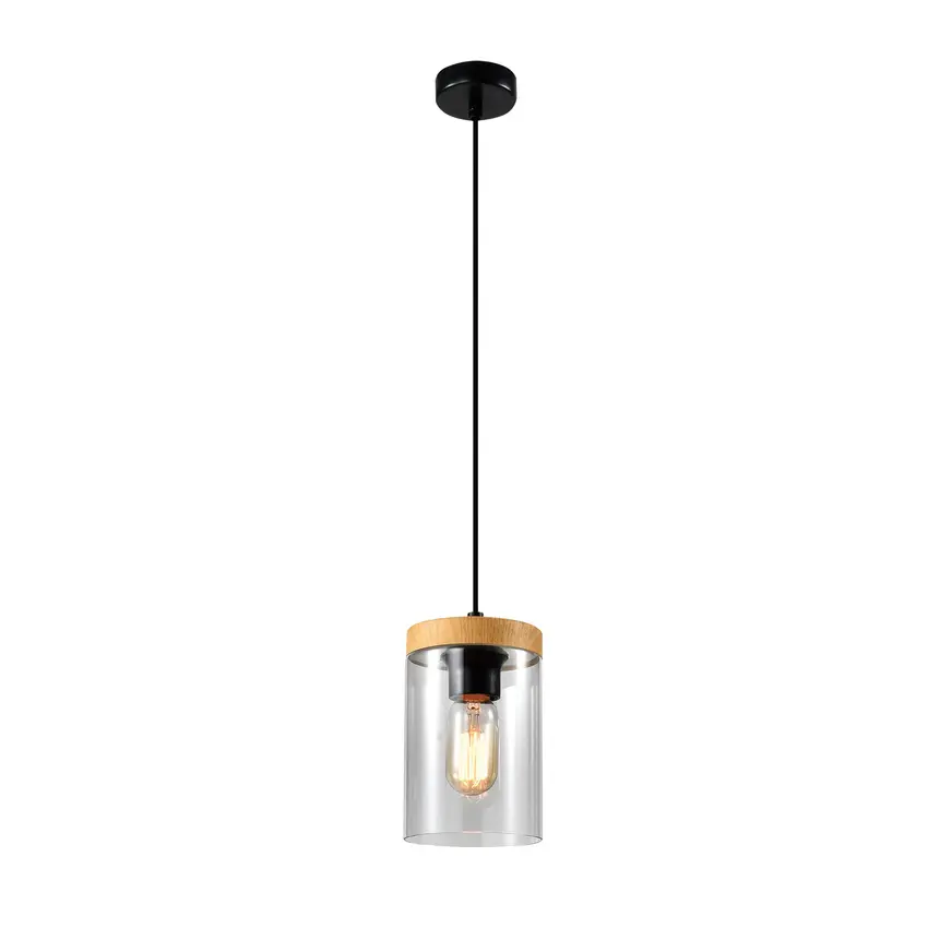 Závěsná lampa Wels 1X40 černá + dřevěné kouřové stínidlo