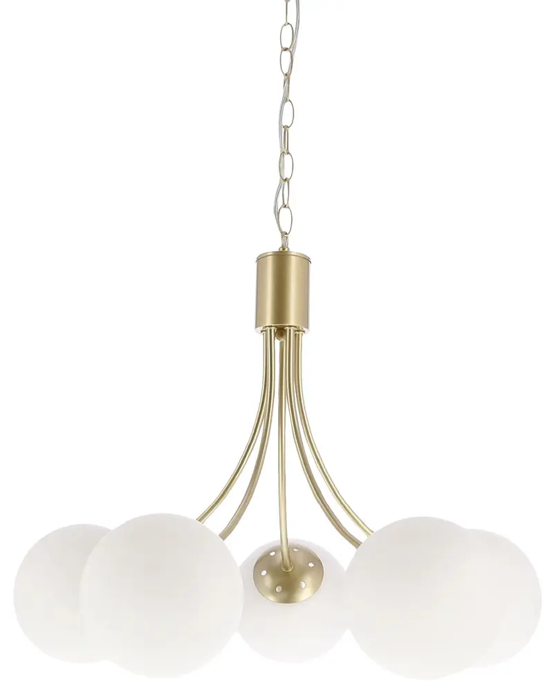 Mosazná závěsná lampa Dani 5x40W E14, bílé stínidlo, elegantní stropní svítidlo do obývacího pokoje, klasický i moderní styl, pět světelných bodů