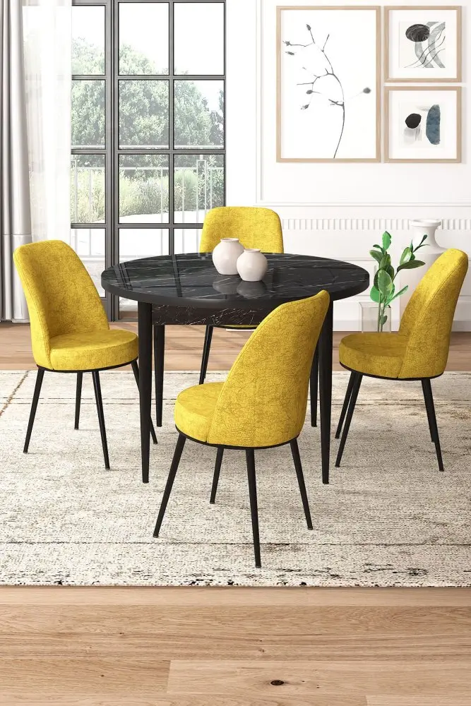 Dining Table & Chairs Set (5 Pieces) Tor - Black Marble, Mustard