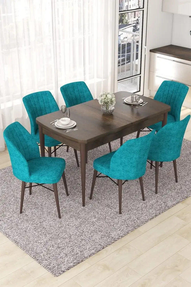 Extendable Dining Table & Chairs Set (7 Pieces) Nef - Baroque, Turquoise