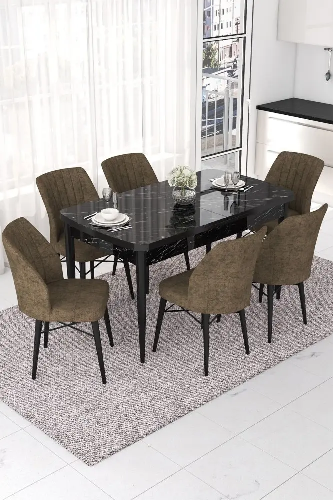 Extendable Dining Table & Chairs Set (7 Pieces) Nef - Black Marble, Brown