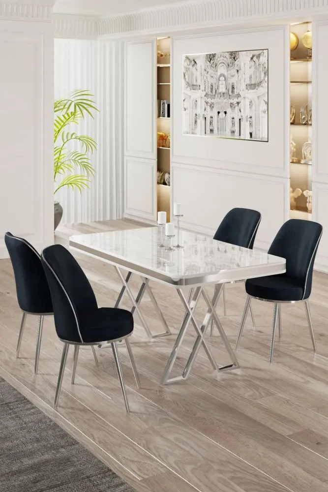 Dining Table & Chairs Set (5 Pieces) Vals - White, Chrome, Anthracite