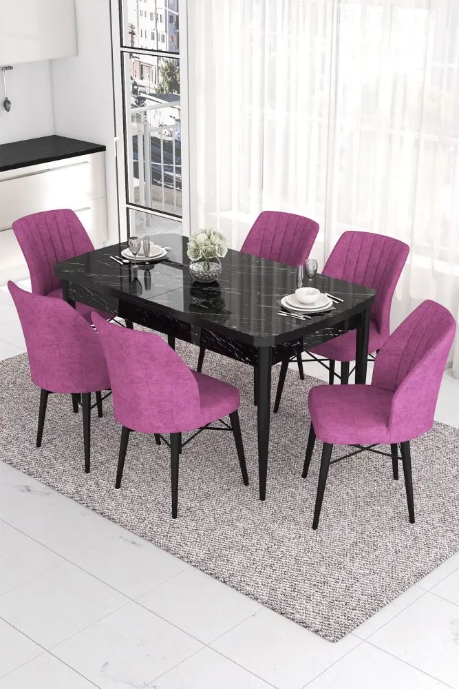 Extendable Dining Table & Chairs Set (7 Pieces) Eva - Black Marble, Purple