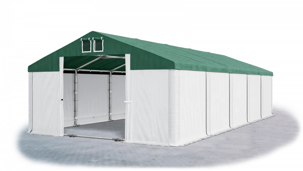 Skladový stan 5x10x2,5m střecha PVC 560g/m2 boky PVC 500g/m2 konstrukce ZIMA PLUS Zelená Bílá Bílá