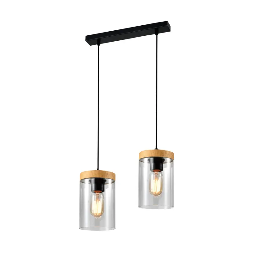 Závěsná lampa Wels 2X40 černá + dřevěné kouřové stínidlo
