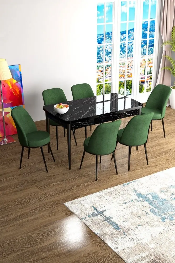 Extendable Dining Table & Chairs Set (7 Pieces) Han - Black Marble, Khaki