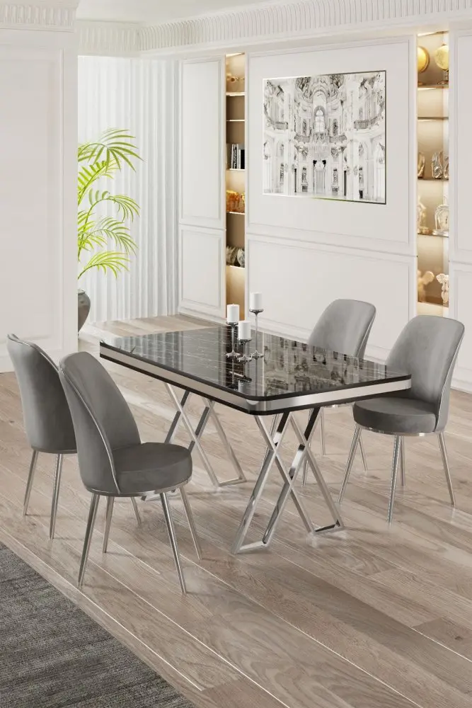 Dining Table & Chairs Set (5 Pieces) Vals - Black Marble, Chrome, Grey