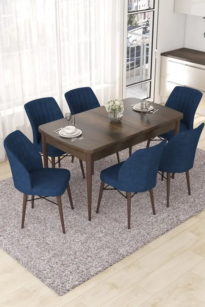 Extendable Dining Table & Chairs Set (7 Pieces) Nef - Baroque, Navy Blue