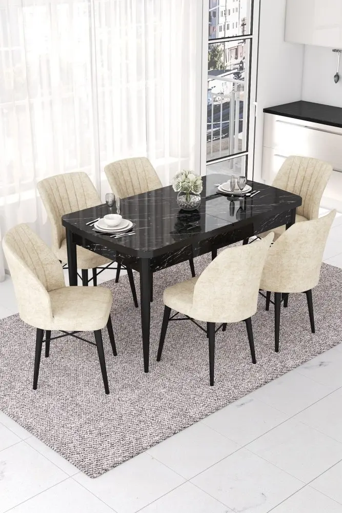 Extendable Dining Table & Chairs Set (7 Pieces) Nef - Black Marble, Cream