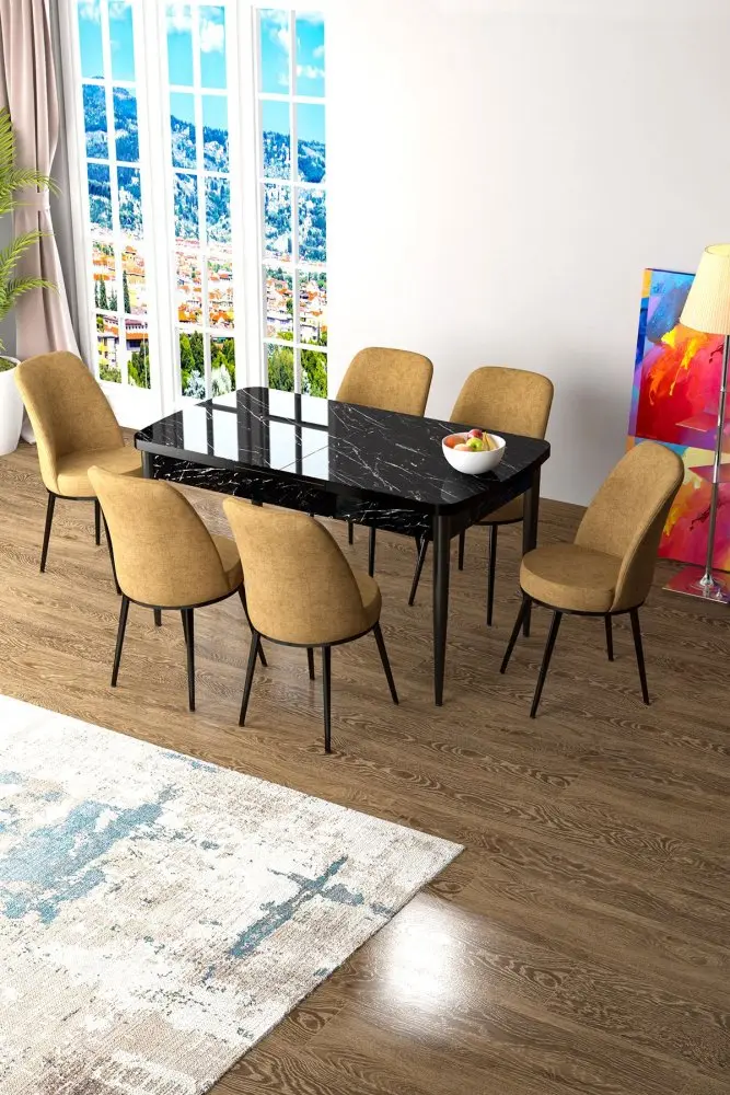 Extendable Dining Table & Chairs Set (7 Pieces) Zen - Black Marble, Cappuccino