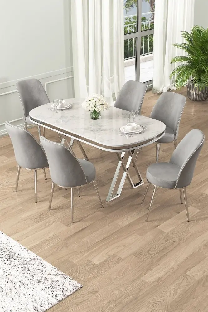 Dining Table & Chairs Set (7 Pieces) Lai - White, Chrome, Grey
