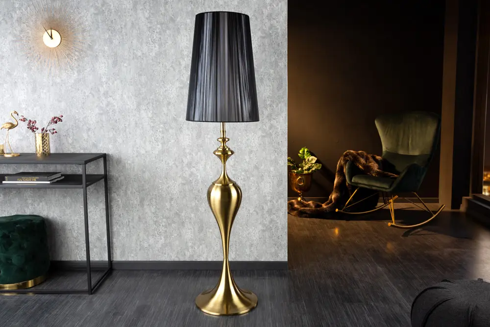 Estila Moderní designová stojací lampa Lucie ve zlatém provedení z kovu s černým stínítkem 160cm