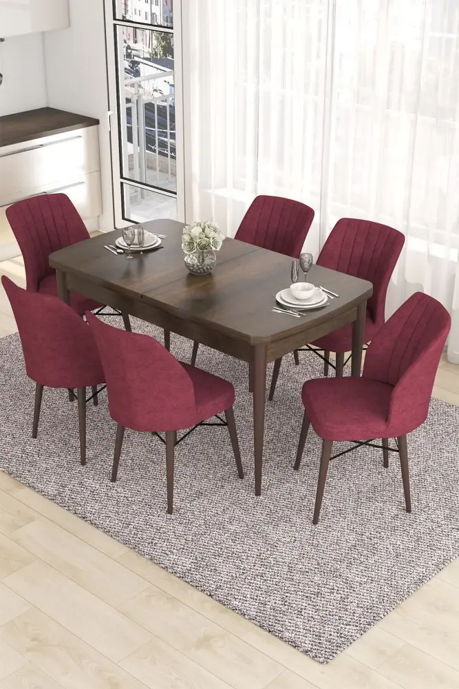 Extendable Dining Table & Chairs Set (7 Pieces) Eva - Baroque, Burgundy