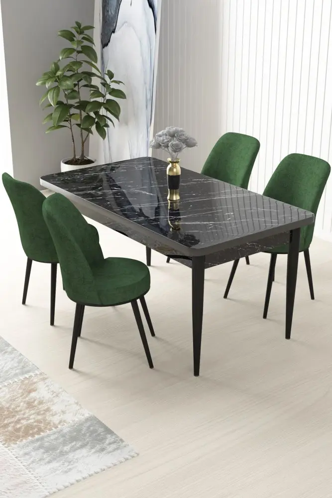 Dining Table & Chairs Set (5 Pieces) Nil - Black Marble, Khaki