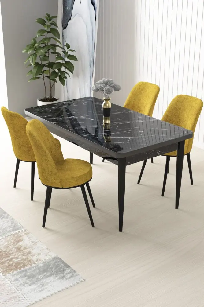 Dining Table & Chairs Set (5 Pieces) Nil - Black Marble, Mustard