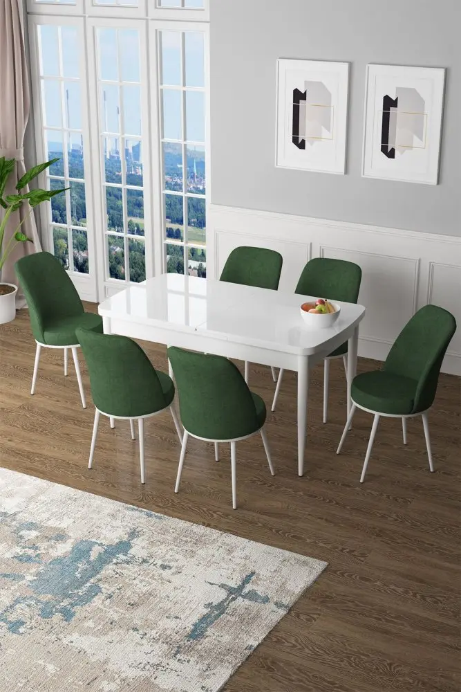 Extendable Dining Table & Chairs Set (7 Pieces) Zen - White, Khaki